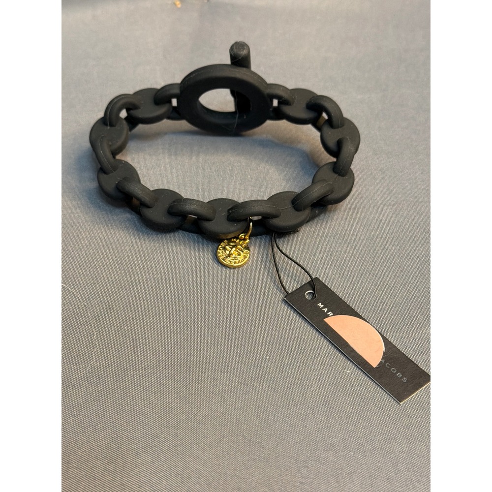 Marc Jacobs Black Rubber Chain Link Toggle Bracelet with Gold Logo Charm NWT